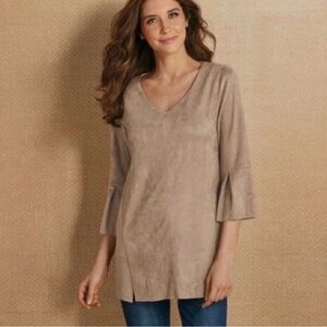 Soft Surroundings Izzy faux suede 3/4 sleeve Vneck taupe tunic top Size XS